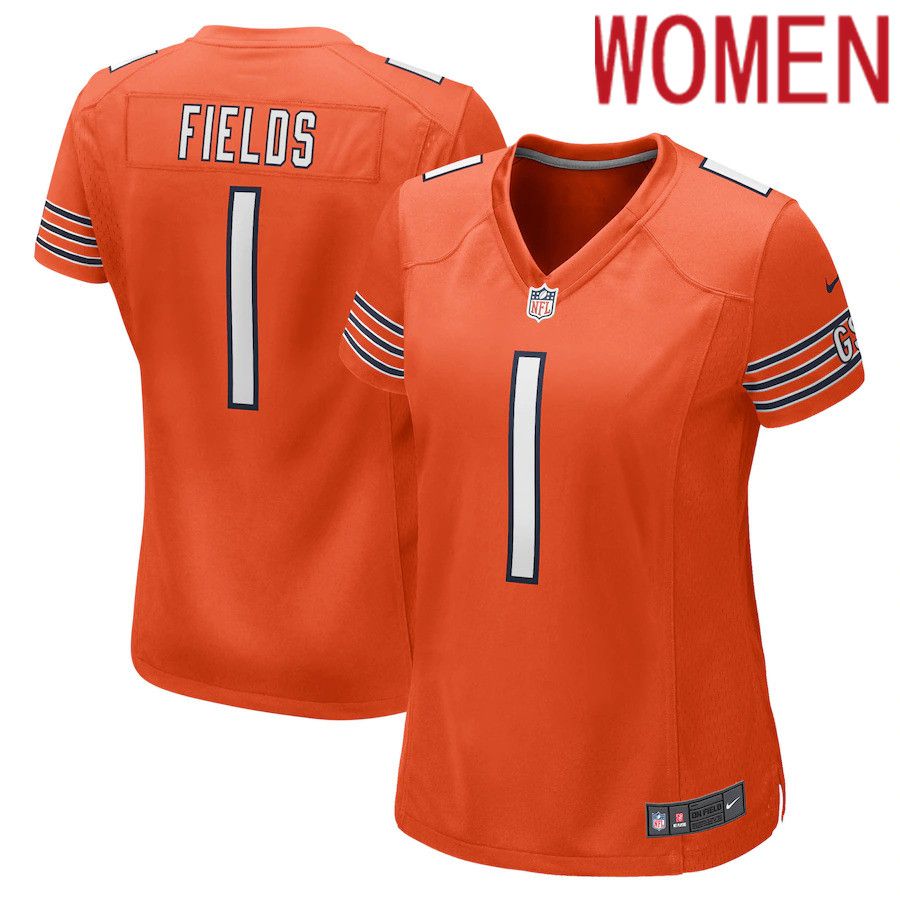 Women Chicago Bears 1 Justin Fields Nike Orange Game NFL Jersey